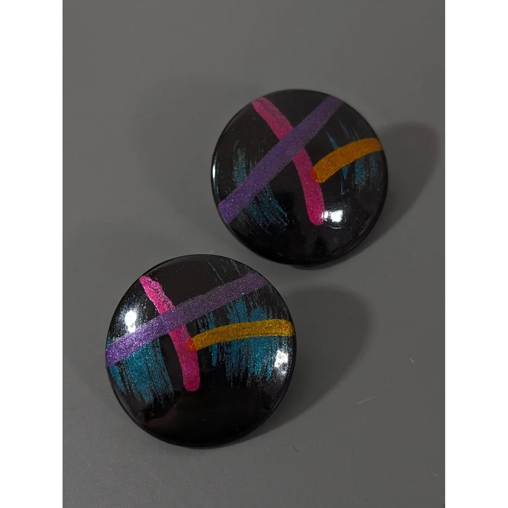 Vintage Y2K Black Acrylic Earrings Neon‎ Stripe Teal Pink Purple Round